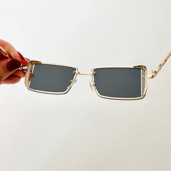 VINTAGE Y2K 90s Gold Metal Square Black Mini Etched Sunglasses Unisex Sunnies - Picture 11 of 12